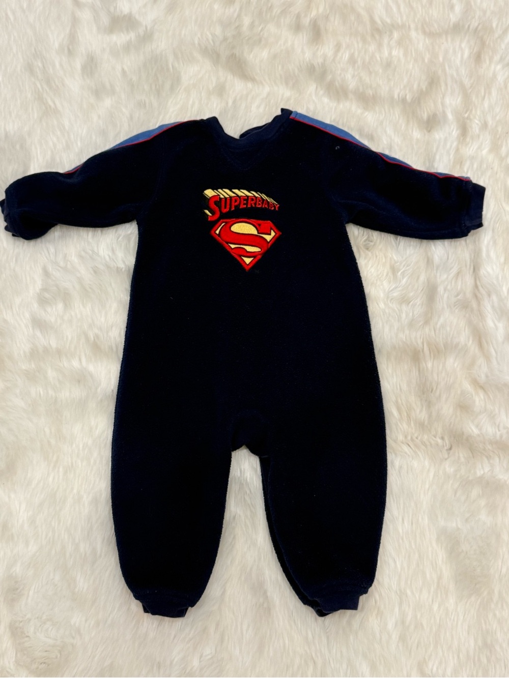 Vintage 90s Warner Bros. Navy Fleece Superbaby One-Piece Red Yellow Logo Size 18